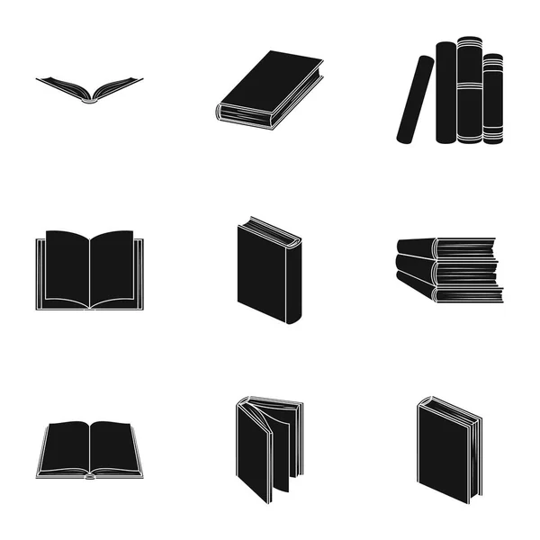 Набор фотографий с книгами. Книги, блокноты, исследования. Иконка в коллекции книг на рисунке векторных символов черного стиля . — стоковый вектор