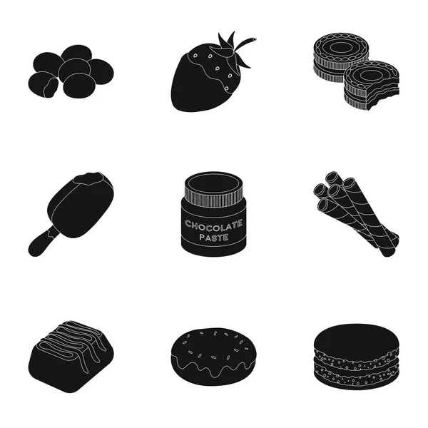 Un juego de dulces de chocolate. Productos de chocolate para la gente. Icono de postres de chocolate en colección de conjuntos en negro estilo vector símbolo stock ilustración . — Vector de stock