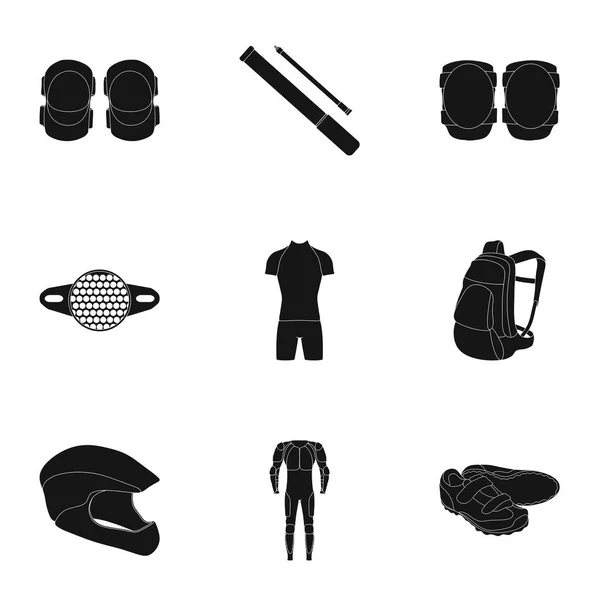 Icônes du vélo, vélo. Set pour vélo, protection de sac à dos, réparation, forme. Icône de tenue cycliste dans la collection ensemble sur l'illustration vectorielle de symbole de style noir . — Image vectorielle