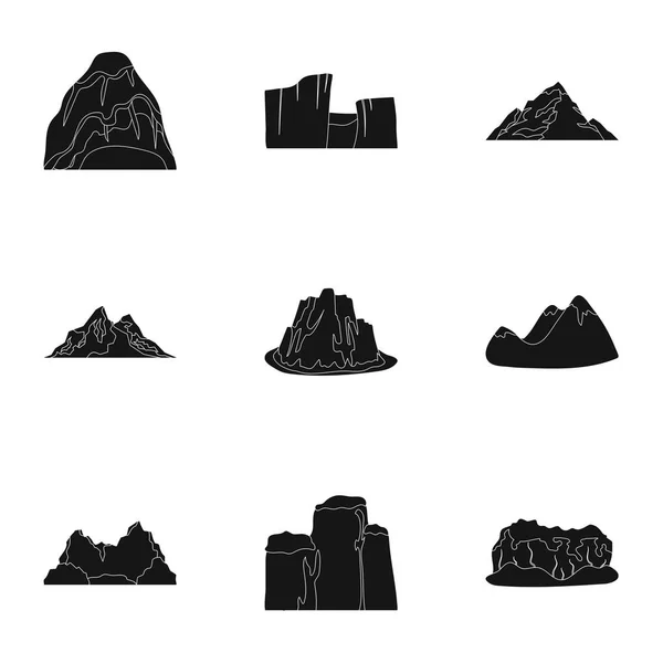 Conjunto de ícones sobre diferentes montanhas. Inverno, montanhas de verão em uma coleção.Ícone de montanhas diferentes na coleção de conjuntos na ilustração de estoque de símbolo de vetor de estilo preto . —  Vetores de Stock