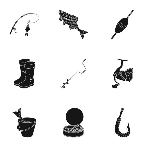 Pesca de verano e invierno, recreación al aire libre, pesca, peces.Icono de pesca en colección conjunto en el estilo negro vector símbolo stock illustration . — Vector de stock