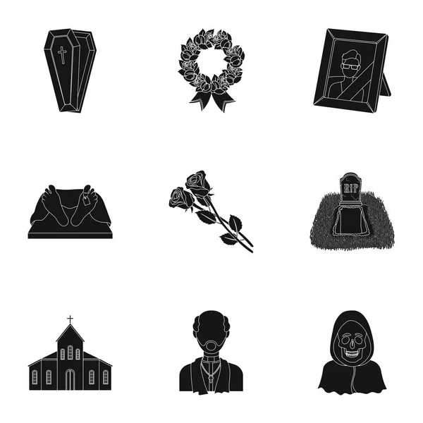Temetési szertartás, temető, koporsók, pap. Temetési szertartás ikon készlet gyűjtemény a fekete stílus vektor szimbólum stock illusztráció. — Stock Vector