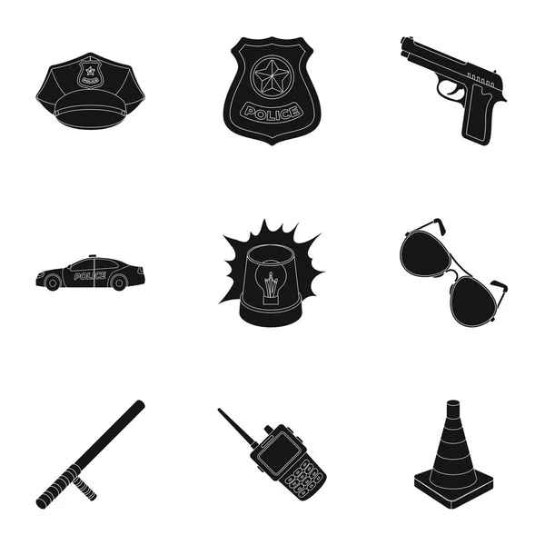 Polizeiausrüstung, Polizei, Gefangene, Schutz der Bürger. Polizei-Symbol in Set-Sammlung auf schwarzer Vektor-Symbolabbildung. — Stockvektor