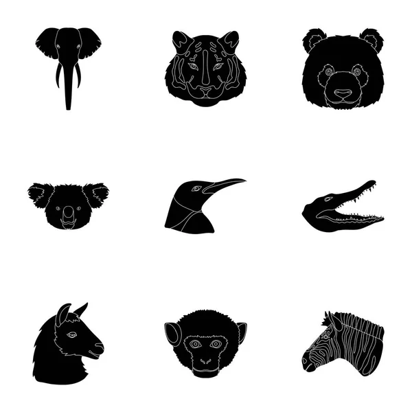 Un conjunto de iconos de animales salvajes. Animales salvajes depredadores y pacíficos. Icono realista del animal en la colección del sistema en la ilustración común del símbolo del vector del estilo negro . — Vector de stock