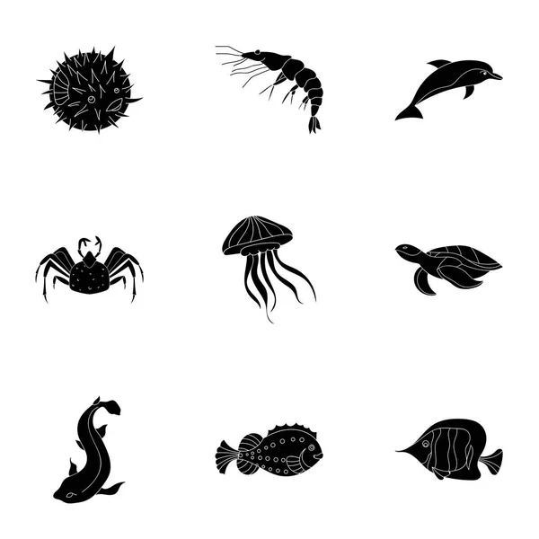 Marine en rivier inwoners. Vissen, walvissen, octopussen. Zee dieren pictogram in set collectie op zwarte stijl vector symbool stock illustratie. — Stockvector