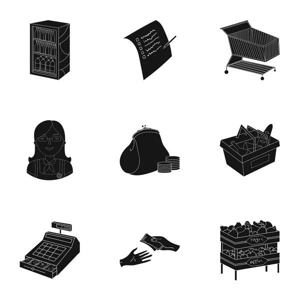 Supermarkt, shoppen in de winkel. Een selectie van foto's op het onderwerp van het winkelen. Supermarkt pictogram in set collectie op zwarte stijl vector symbool stock illustratie. — Stockvector