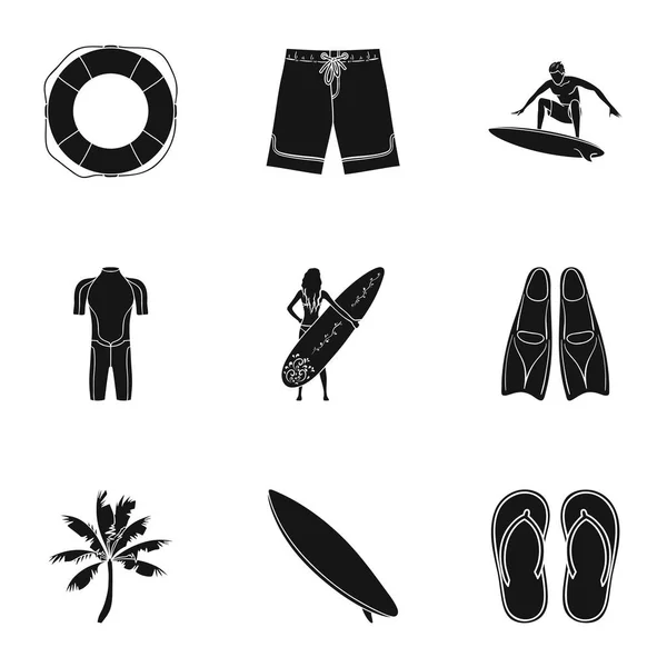 Una colección de imágenes sobre el tema de la playa, el mar, el surf. Rescatadores de la playa.Icono de surf en la colección set en negro estilo vector símbolo stock ilustración . — Archivo Imágenes Vectoriales