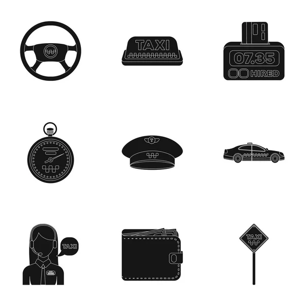 Eine Reihe von Symbolen über das Taxi. ein Ruf-Taxifahrer, Parkplatz. Transport durch die Stadt. Taxi-Symbol in Set-Sammlung auf schwarzem Stil Vektor Symbol Stock Illustration. — Stockvektor