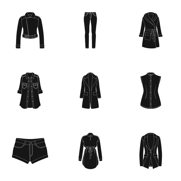 Συλλογή από εικόνες της Γυναικεία ρούχα. Διάφορα Γυναικεία ρούχα για την εργασία, περπάτημα, σπορ. Γυναικεία ρούχα εικονίδιο σετ συλλογής μαύρο στυλ διάνυσμα απόθεμα ενδεικτικά σύμβολο. — Διανυσματικό Αρχείο