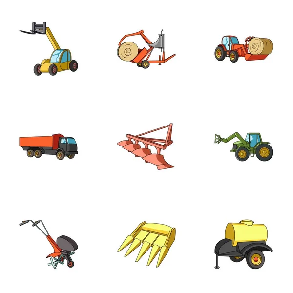 Aantal foto's van landbouwmachines. Auto's tot robots op de grond. Agrarische machines pictogram in set collectie op cartoon stijl vector symbool stock illustratie. — Stockvector