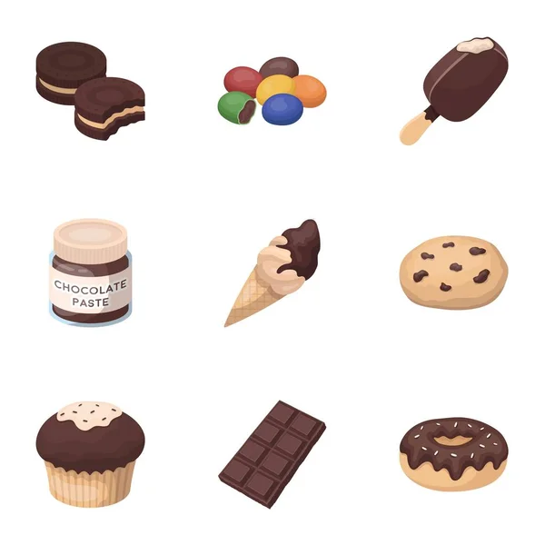 Zestaw czekoladowych słodkości. Produkty czekoladowe dla ludzi. Ikona czekoladowe desery zestaw kolekcja na kreskówki stylu wektor symbol ilustracji. — Wektor stockowy