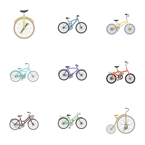 Coleção de bicicletas com diferentes rodas e quadros. Bicicletas diferentes para esporte e caminhadas.Ícone de bicicleta diferente na coleção de conjuntos no desenho animado estilo vetor símbolo estoque ilustração . —  Vetores de Stock