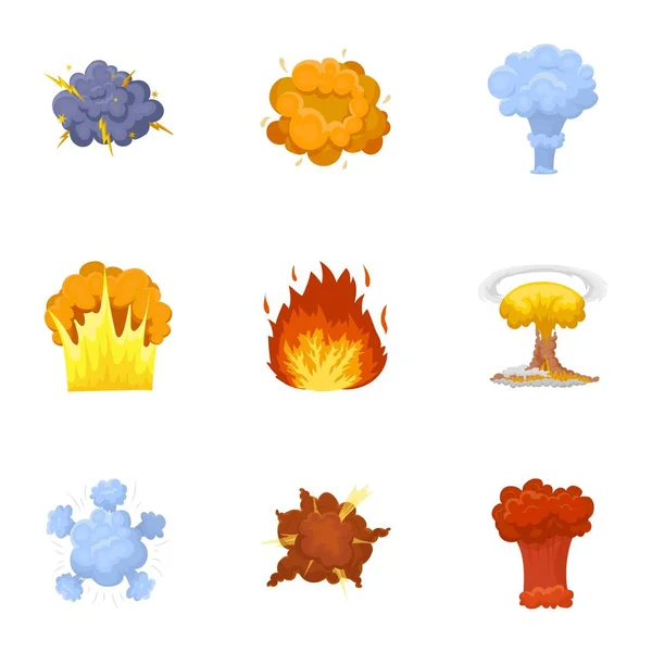 Sada ikon o explozi. Různé výbuchy, oblak kouře a ohně. Výbuchy ikonu nastavit kolekci na kreslený styl vektor symbol skladem ilustrace. — Stockový vektor