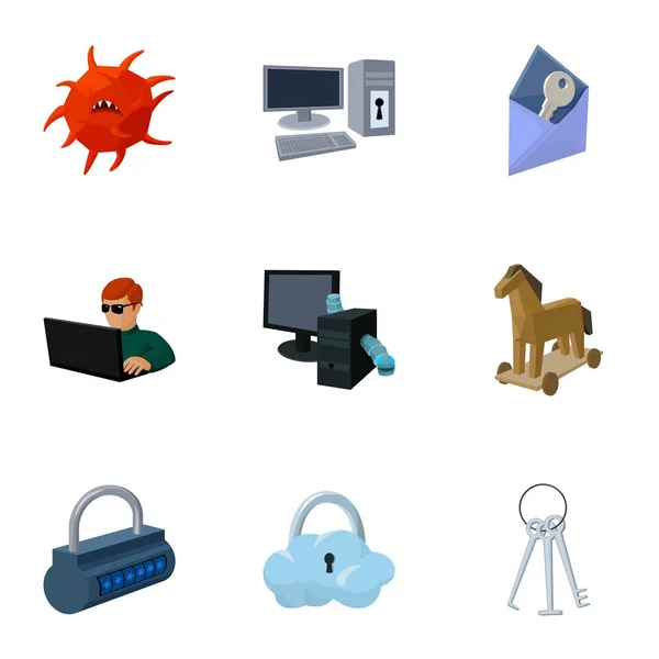 Una selección de iconos sobre protección y rotura. Tecnología moderna de protección contra la rotura. Hackers y piratería icono en la colección conjunto en el estilo de dibujos animados vector símbolo stock ilustración . — Vector de stock