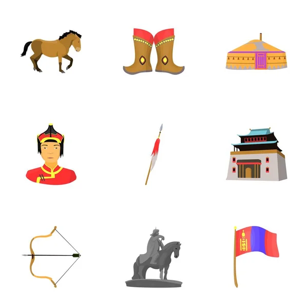 Características nacionales de Mongolia. Iconos establecidos sobre Mongolia. Ropa, soldados, equipo. Mongolia icono en la colección de conjuntos de dibujos animados estilo vector símbolo stock ilustración . — Vector de stock