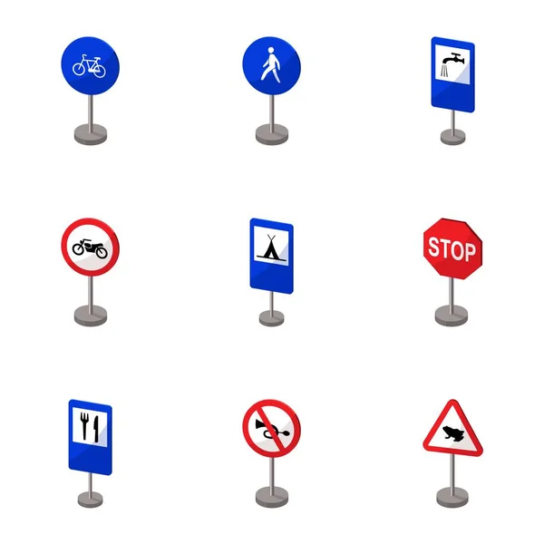 Meghatározott közúti jelzések. Tiltás, engedély, prioritás jeleit. Közúti jelek ikon készlet gyűjtemény a rajzfilm stílusú vektor szimbólum stock illusztráció. — Stock Vector