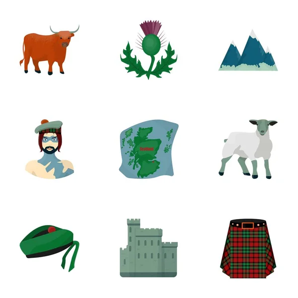 Skót nemzeti jelképe. Skót látnivalók. Skócia ország icon set gyűjtemény a rajzfilm stílusú vektor szimbólum stock illusztráció. — Stock Vector
