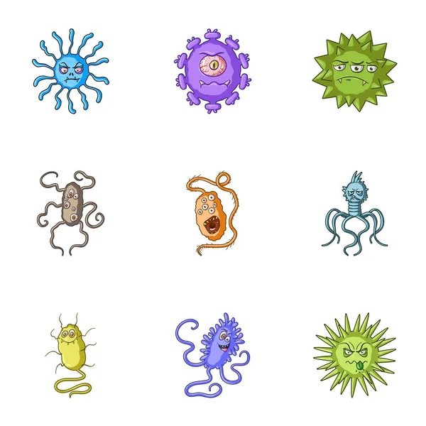 Um conjunto de fotos sobre bactérias e vírus. Germes que são prejudiciais aos seres humanos. vírus e bactérias ícone na coleção set em desenho animado estilo vetor símbolo estoque ilustração . — Vetor de Stock