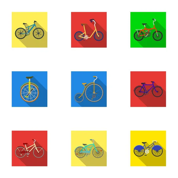 Collection de vélos avec différentes roues et cadres. Différents vélos pour le sport et les promenades.Différentes icônes de vélo dans la collection ensemble sur l'illustration vectorielle de style plat . — Image vectorielle