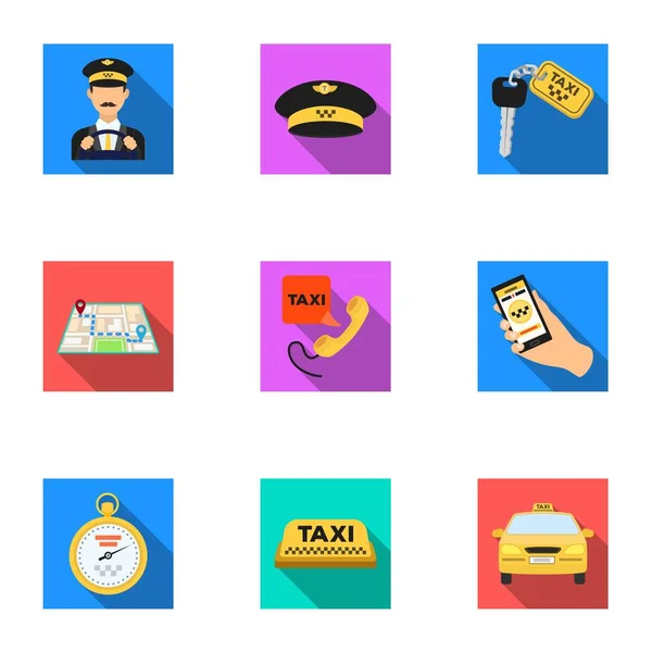 Conjunto de iconos sobre el taxi. Un taxista, estacionamiento. Transporte alrededor de la ciudad. icono de taxi en la colección de conjuntos en el estilo plano vector símbolo stock ilustración . — Vector de stock