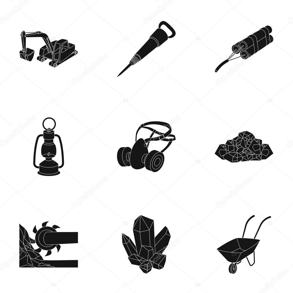 Set of icons about the mine. The extraction of coal, minerals, protection of the miners. Processing of coal.Mine industral icon in set collection on black style vector symbol stock illustration.