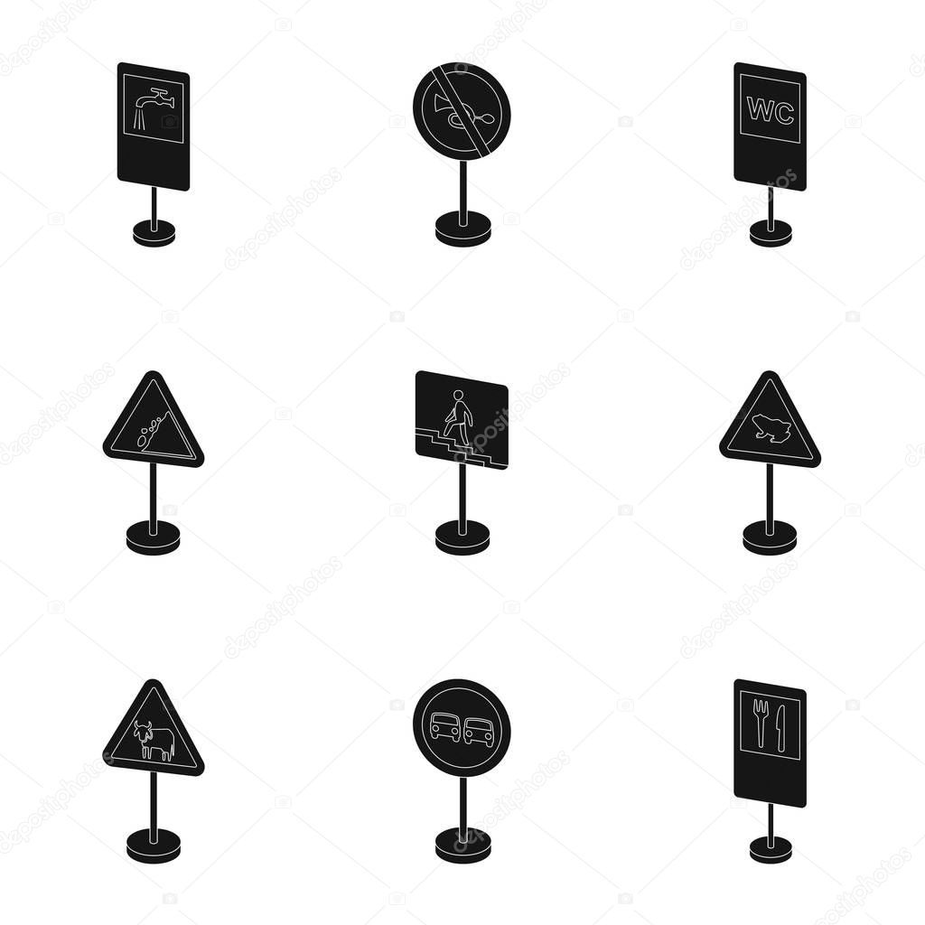Set of road signs. Signs of prohibition, permission, priority. Road signs icon in set collection on black style vector symbol stock illustration.