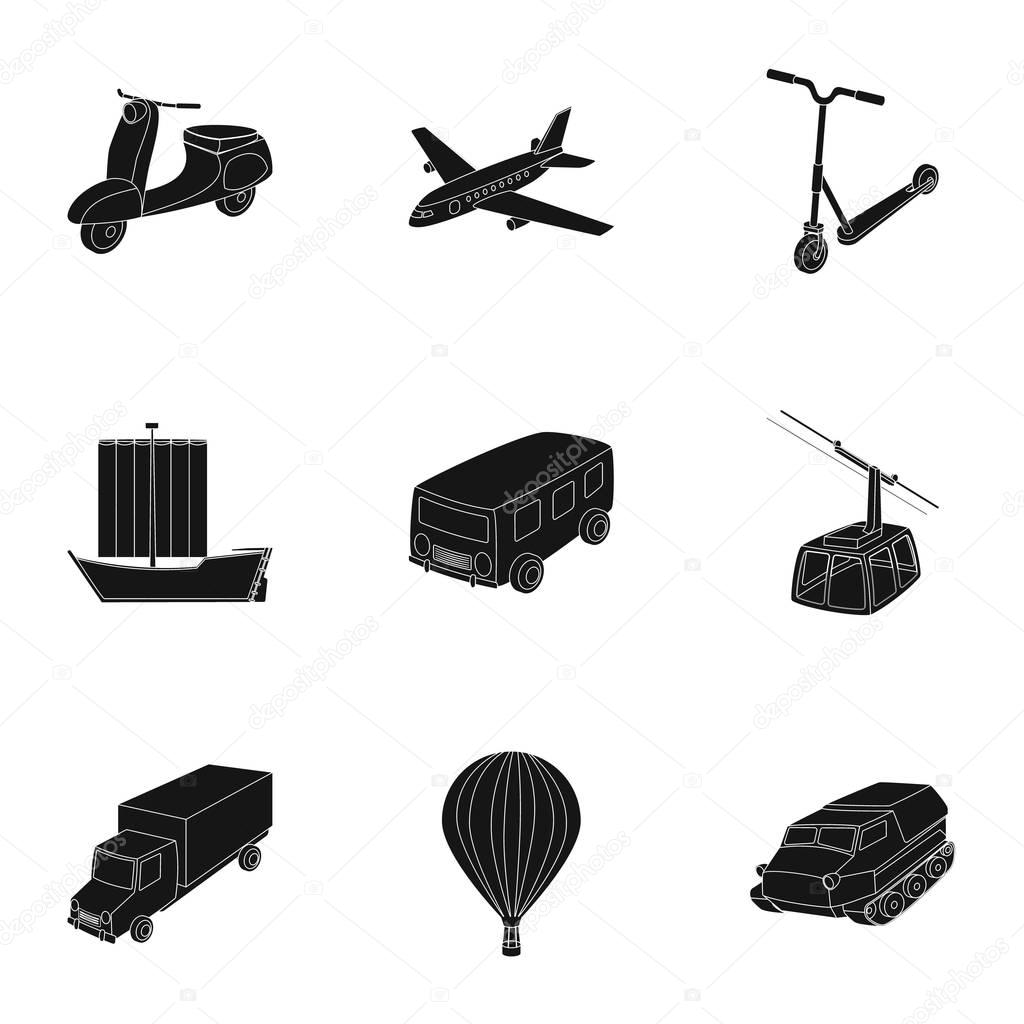 Set of pictures about types of transport. Transportation of people, cargo. Ground, underwater, air transport. Transport icon in set collection on black style vector symbol stock illustration.