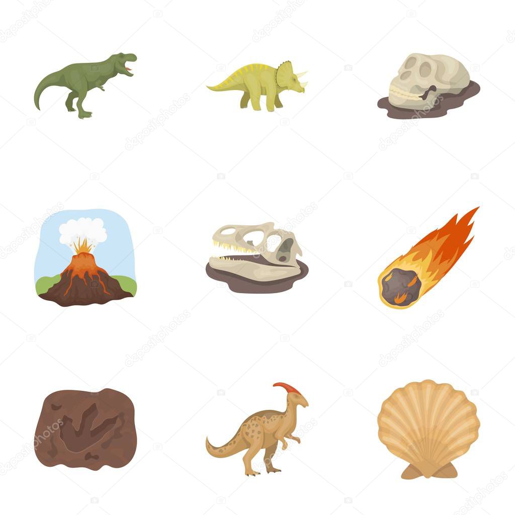 Ancient extinct animals and their tracks and remains. Dinosaurs, tyrannosaurs, pnictosaurs.Dinisaurs and prehistorical icon in set collection on cartoon style vector symbol stock illustration.