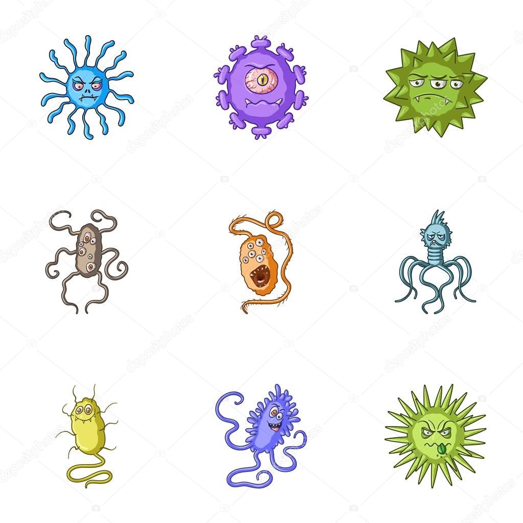 A set of pictures about bacteria and viruses. Germs that are harmful to humans. viruses and bacteria icon in set collection on cartoon style vector symbol stock web illustration.