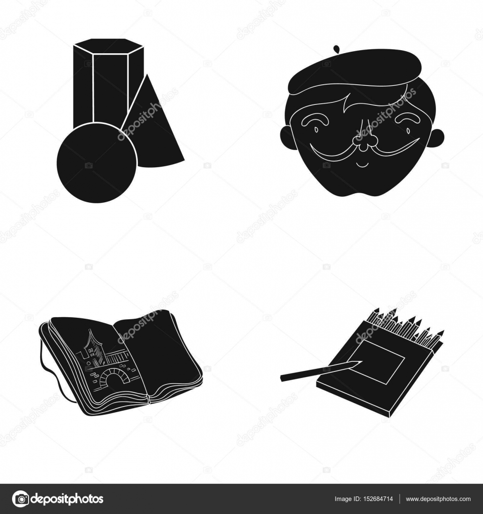 Geometrico natura morta un autoritratto dell artista un taccuino con disegni una scatola di matite colorate Artista e disegno insieme di set icone in