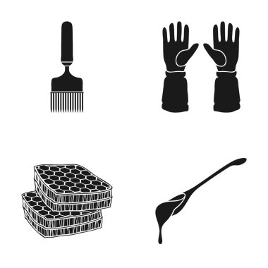 Tatlım, koruyucu eldiven, bir varil bal, bir çatal kaşık. Arı kovanı toplama simgeler siyah stil vektör simge stok çizim web içinde ayarla..