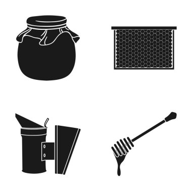 Bir çerçeve peteğin, bir kepçe bal, arıların gelen bir fumigator, bir kavanoz bal ile. Arı kovanı toplama simgeler siyah stil vektör simge stok çizim web içinde ayarla..