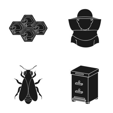 Arı, arıcı maskesi, bal peteği. Arı kovanı toplama simgeler siyah stil vektör simge stok çizim web içinde ayarla..