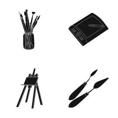 Fırçalar, bir çizim kurulu, bir tuval, boya bıçak ile bir şövale bankayla. Sanatçı ve hisse senedi illüstrasyon web sembol siyah stil vektör çizim küme koleksiyon simgeler.