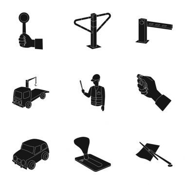 Park araba ve bisiklet için simgeler kümesi. Para cezaları ve park unsurları. Bölge simge siyah stil vektör simge stok çizim üzerinde küme koleksiyon içinde otopark.