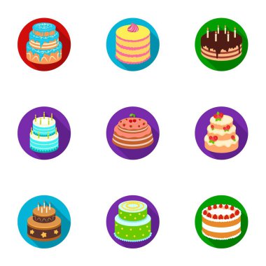 Kek için belgili tanımlık tatil. Bir dizi farklı tatlılar. Güzel dekore edilmiş Pastalar ve kekler. Düz stil vektör simge stok çizim üzerinde küme koleksiyon simgesinde kek.