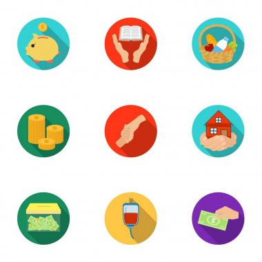 Yardım Vakfı. İnsanlar ve bağış yardım kutsal kişilerin resmi. Düz stil vektör simge stok çizim üzerinde küme koleksiyon sadaka ve bağış simgesini.