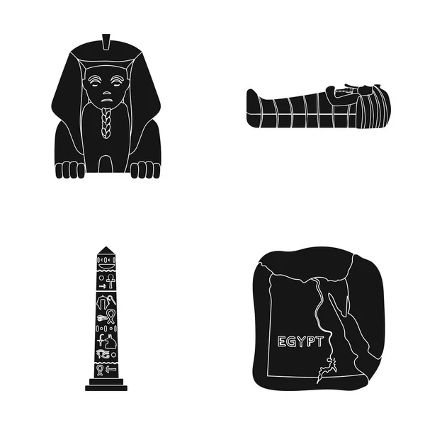 Das Territorium Ägyptens, die Sphinx, der Sarkophag der Pharaonen, die ägyptische Säule mit der Inschrift. Das antike Ägypten setzte Sammlungssymbole in schwarzem Stil ein.. — Stockvektor