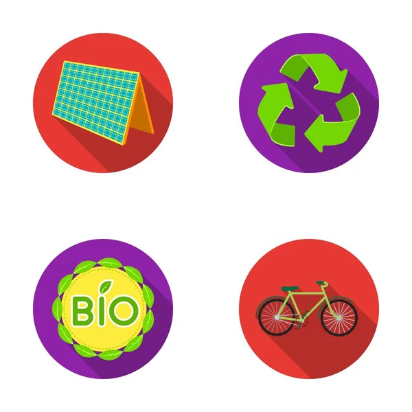 Bio label, eco bike, solar panel, recycling sign.Bio and ecology set collection icons in flat style vector symbol stock illustration web. — Stock Vector