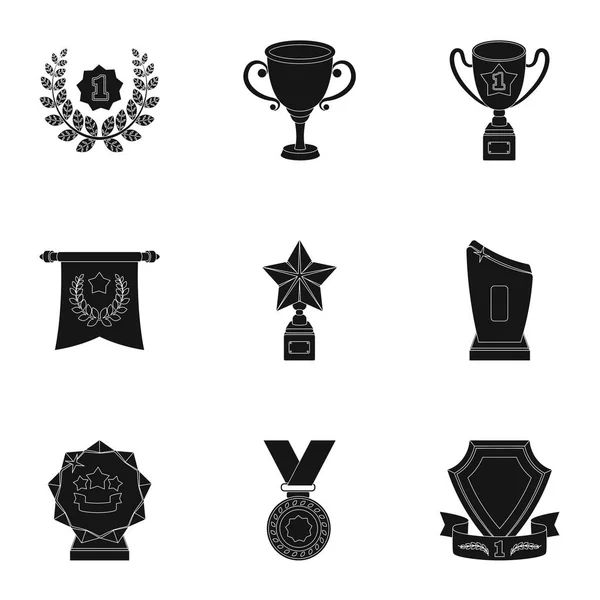 Premios, medallas de oro y copas como premios en concursos y competiciones. Icono de trofeos y premios en la colección set en la ilustración de stock de símbolo de vector de estilo negro . — Vector de stock