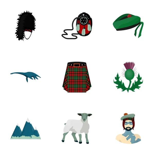 Símbolos nacionales de Escocia. Atracciones escocesas. Escocia icono del país en la colección de conjuntos de dibujos animados estilo vector símbolo stock ilustración . — Vector de stock