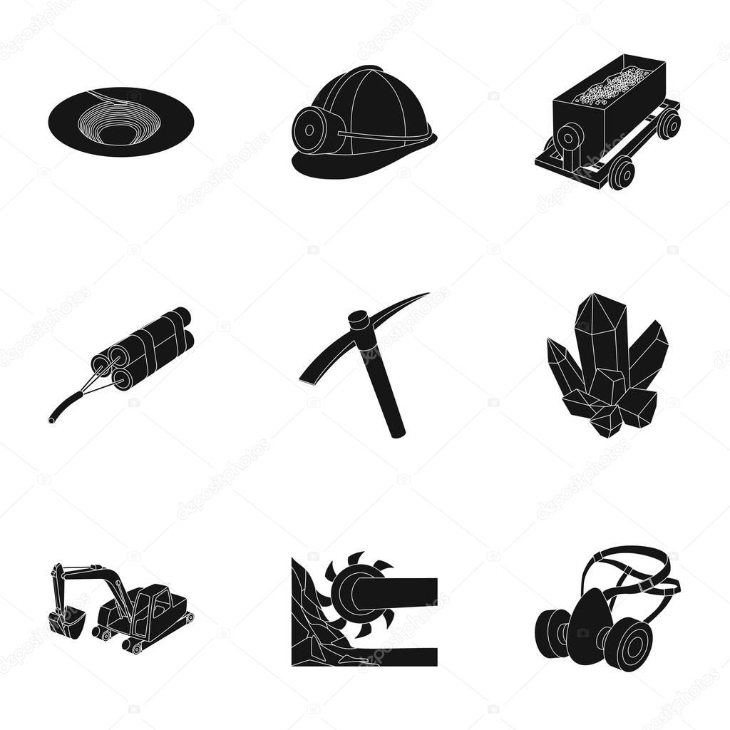 Set of icons about the mine. The extraction of coal, minerals, protection of the miners. Processing of coal.Mine industral icon in set collection on black style vector symbol stock illustration.
