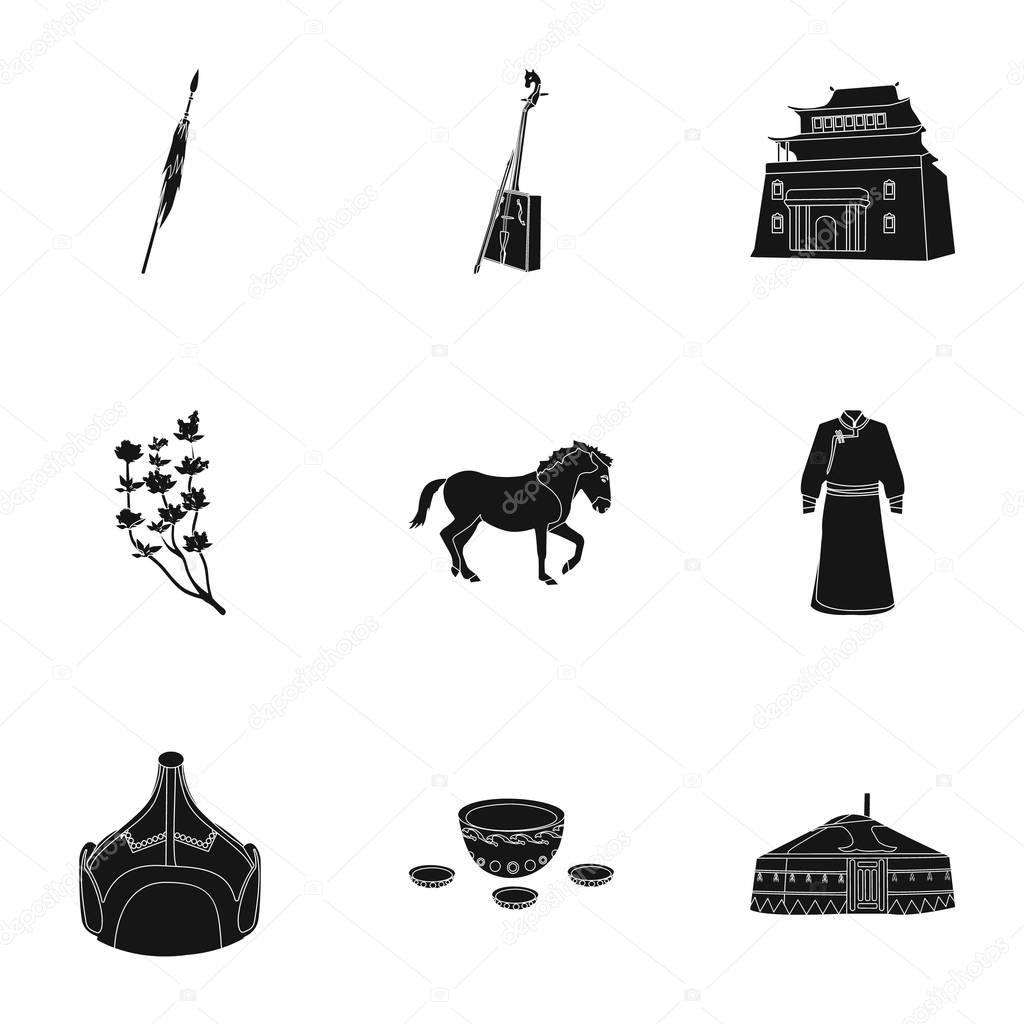 Mongolian national characteristics. Icons set about Mongolia.Clothing, soldiers, equipment. Mongolia icon in set collection on black style vector symbol stock illustration.