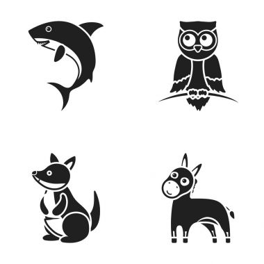 Eşek, baykuş, kanguru, köpekbalığı. Hayvan toplama simgeler siyah stil vektör simge stok çizim web içinde ayarla..