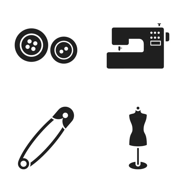 Elektrische Nähmaschine, Dummy auf dem Ständer, Pin, buttons.atelier Set Sammlung Symbole im schwarzen Stil Vektor Symbol Stock Illustration Web. — Stockvektor