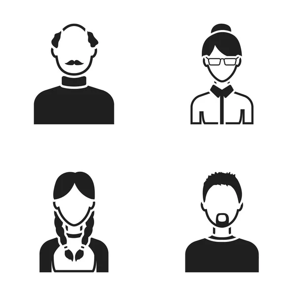 Muž s vousy, podnikatelka, Ocásek dívka, plešatý muž s knírkem. Avatar sada kolekce ikon v černém stylu vektor symbol skladem ilustrace web. — Stockový vektor