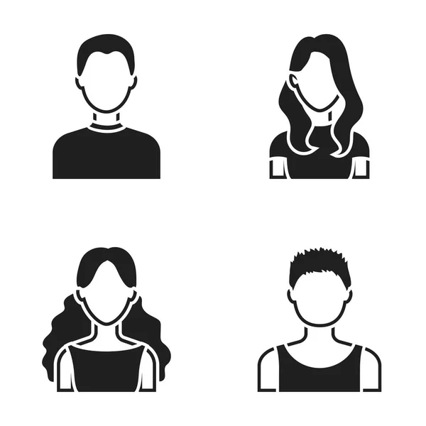 Meisje met lang haar, blond, krullend, grijs-haired mens. Avatar instellen collectie iconen in zwarte stijl vector symbool stock illustratie web. — Stockvector