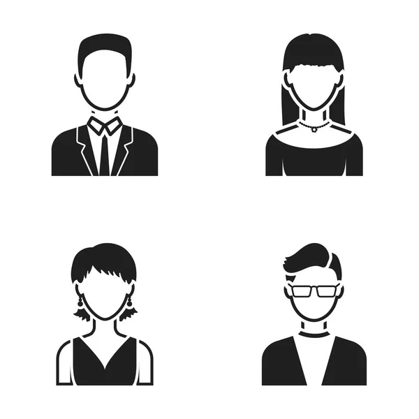 Muž s brýlemi, dívka s ránou, dívka s náušnice, podnikatel. Avatar sada kolekce ikon v černém stylu vektor symbol skladem ilustrace web. — Stockový vektor