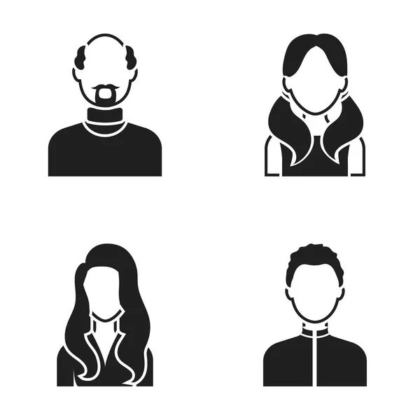 Kluk v čepici, zrzavá teenager, Děda s bradkou, žena. Avatar sada kolekce ikon v černém stylu vektor symbol skladem ilustrace web. — Stockový vektor