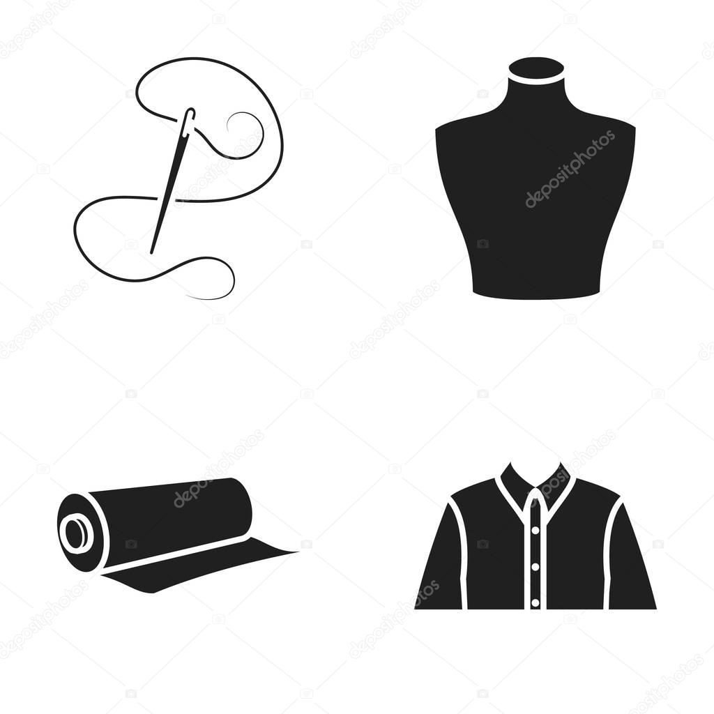 A mans shirt, a mannequin, a roll of fabric,needle and thread .Atelier set collection icons in black style vector symbol stock illustration.